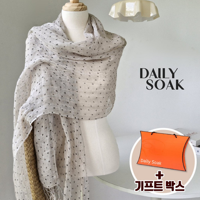 데일리쏙 린넨 100% 천연 50수 여름 도트 스카프 마 머플러+선물케이스