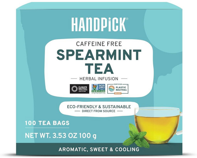 독일 핸드픽 HANDPICK Krauseminze Krautertee 카페인프리 스피아민트 티 허브차 티백, 2개, 100개입, 1g