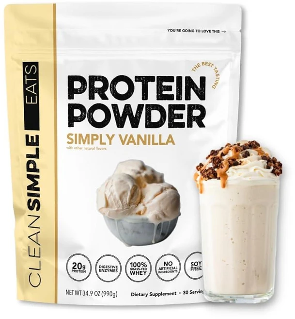 Clean Simple Eats 유청 단백질 파우더 버라이어티 팩 천연 감미료 소화 효소 및 인공 성분 없는 100% 목초 사육 단백질 파우더 글루텐 프리 1인용 팩, Vanilla, 1개 - 쿠팡