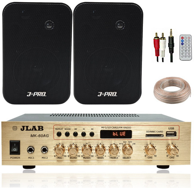 JLAB 블루투스 매장용 카페 매장 업소용 벽걸이 미니 앰프 스피커 2개+리모콘+PC선 1.5M+스피커케이블 20M, 블랙