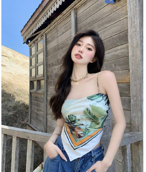 스카프탑 민소매 상의 나시 백리스 실크 페스티벌 여름 조끼 여성 휴양지룩