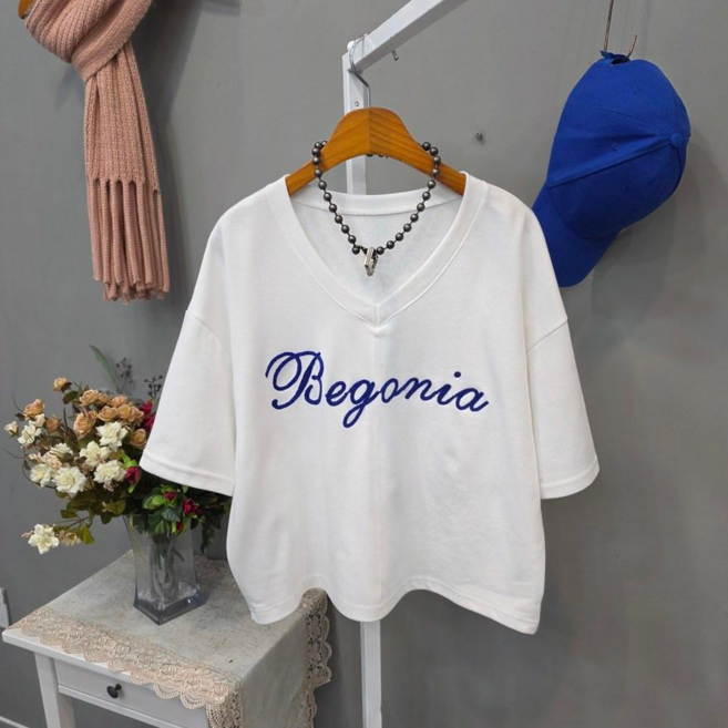 베고니아 반크롭 심플 V넥 반팔티
