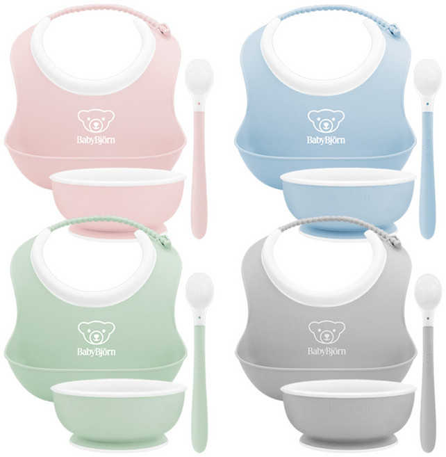 베이비뵨 유아용 피딩 세트, 그레이, 스몰 베이비 빕 + 아기용 그릇 + 피딩 스푼, 1세트