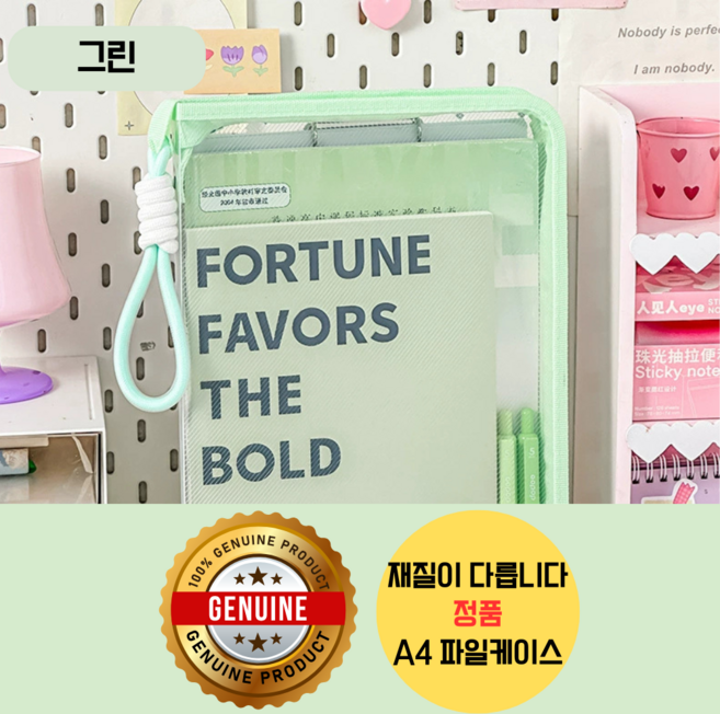 정품 스트랩 손잡이 A4 투명 서류보관파일케이스, 그린, 1개