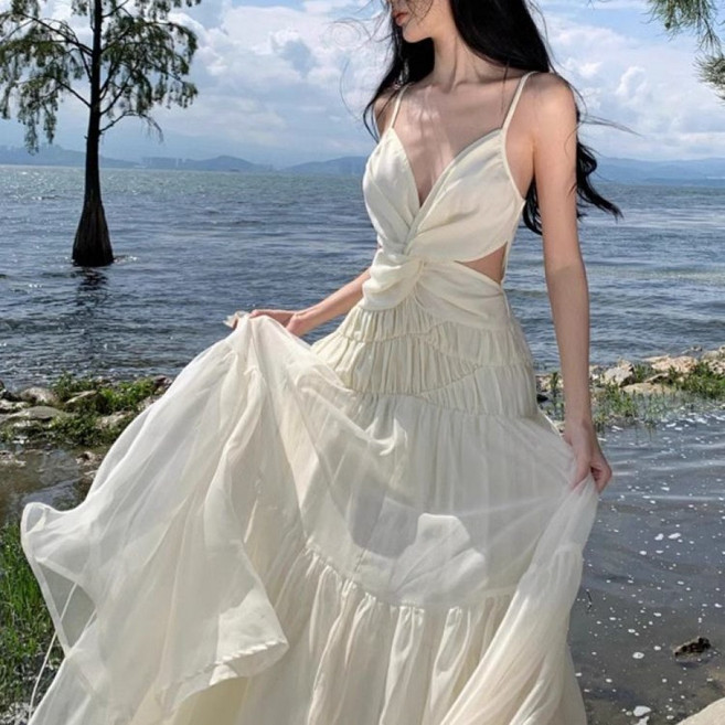 COSYEVNO 프랑스풍 화이트 시폰 나시 원피스 분위기 섹시 바캉스 비치 원피스 롱 백리스 드레스