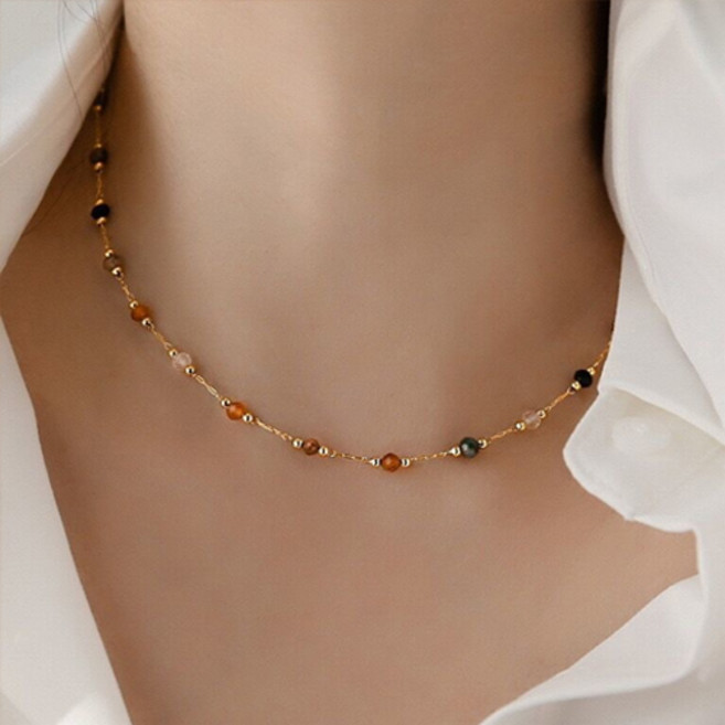 티큐 여성 심플 크리스탈 컬러 비즈 골드 볼 초커 목걸이 A2006