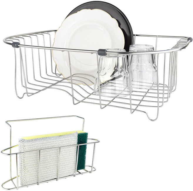 스텐 와이어 식기건조대 수세미망 세트 / 원룸 주방 싱크대 그릇 접시 냄비 설거지 정리대 수세미 걸이 꽂이 거치대 주방세제 받침대, 단일색상상, 1세트, 1단