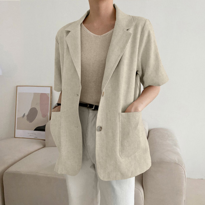 마이쏭 여성 루즈핏 여름자켓 정장 하프 카라자켓 마네린넨반팔자켓