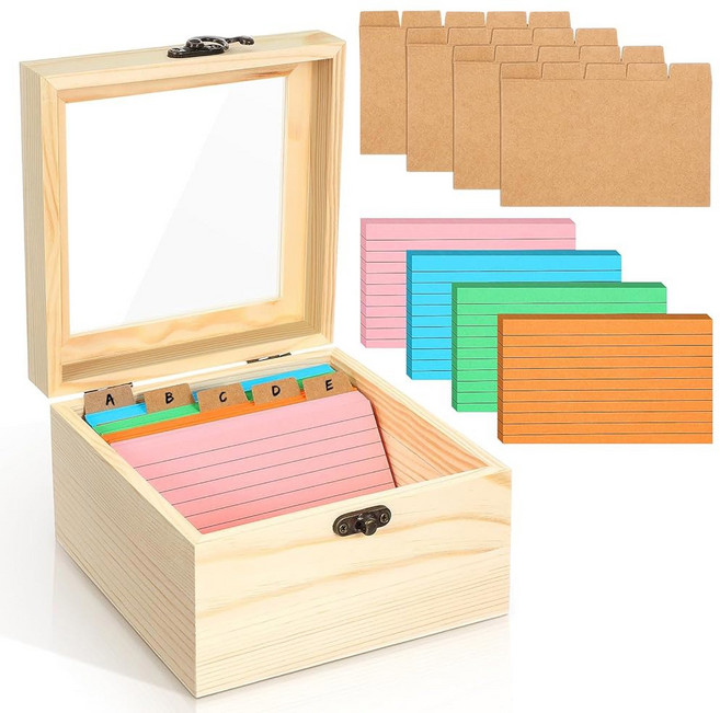 캐스플라이 3 x 5 인치 카드 홀더 세트 230 개 헤비 노트 카드 대용량 나무 레시피 박스 정리함 케이스 사무실 가정 및 학교용 칸막이 플래시 카드 홀더, Macron Color System