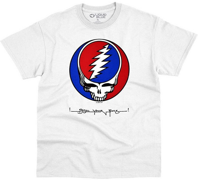 Liquid Blue 유니 성인용 표준 Grateful Dead SYF Steal Your Face 화이트 티셔츠 화이트.