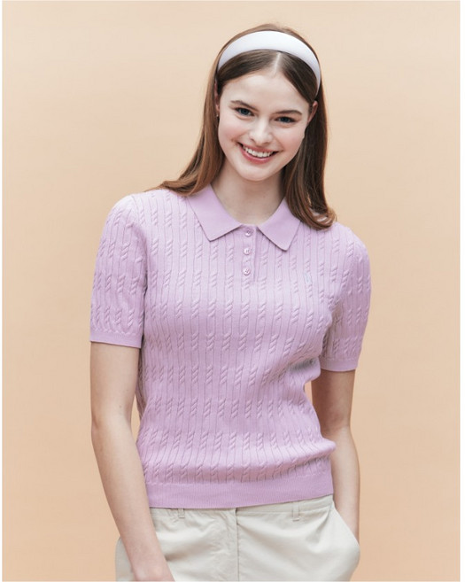 헤지스 [면100%]핑크 케이블 반소매 카라 스웨터 YMWSSW5AC23P1