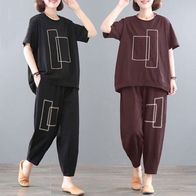 L-4XL 빅사이즈 중년여성 운동복세트 프린터 데일리 반팔 티셔츠 + 와이드 바지 오버핏 상하복 빅사이즈 엄마옷 상하세트 투피스