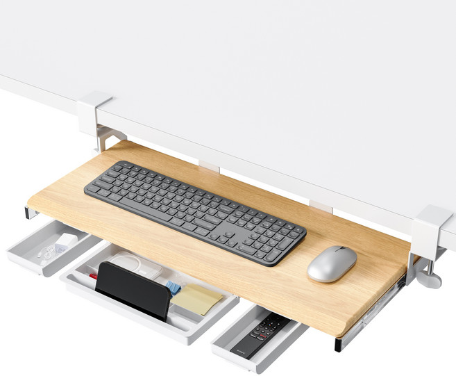 ETHU 키보드 트레이 슬라이딩 책상 연장 키보드 거치대 무타공 수납서랍 3개가 있음 확장테이블, Wood, 1개