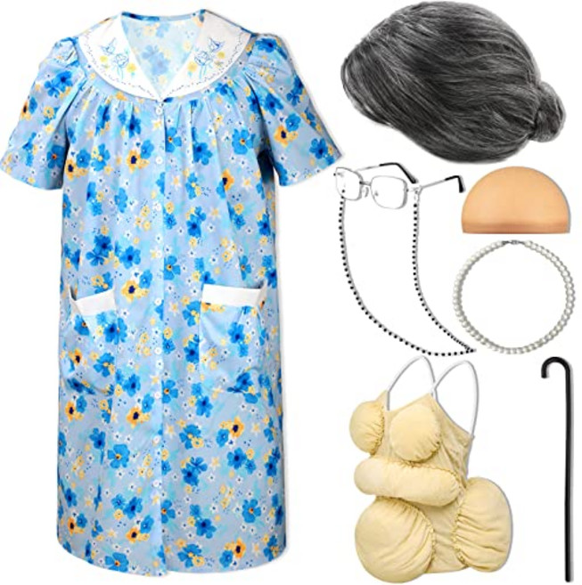 8 pcs 노파 의상 세트 여성 뚱뚱한 정장 반팔 가운 노부 가발 접이식 목발 할머니 안경 가발 캡 체인 (비비드 스타일 대형)