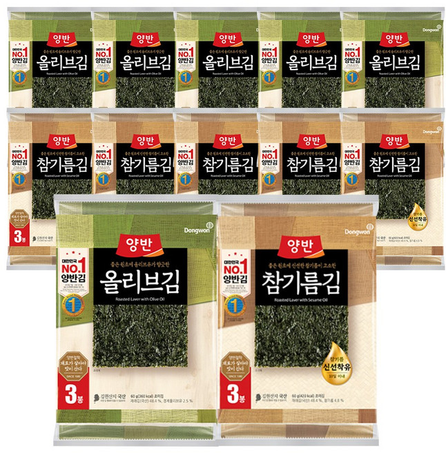 [동원] 양반 전장김 올리브김 20g x6봉 +참기름김 20g x6봉 총 12봉, 1개
