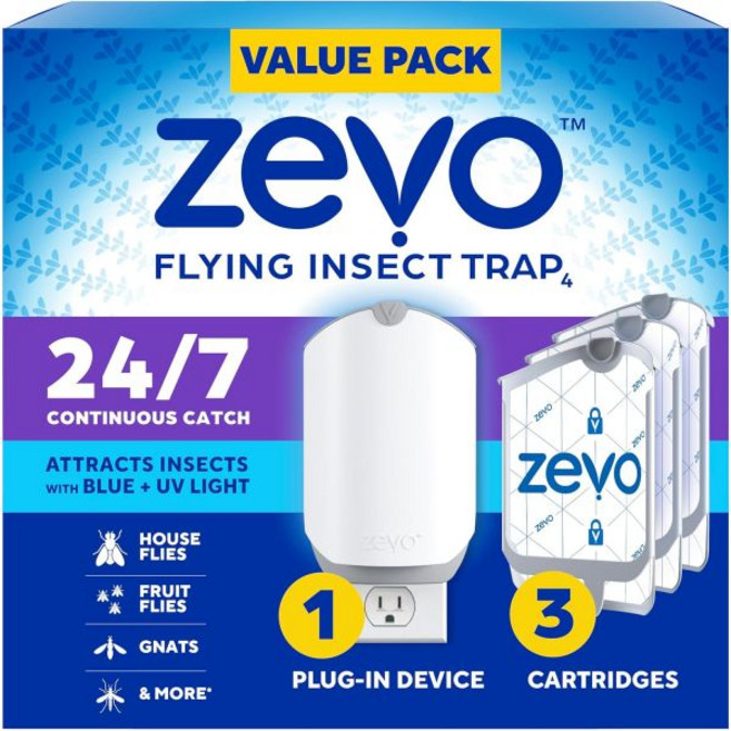 실내용 Zevo 플라잉 곤충 트랩 라이트 트랩으로 초파리 날벌레 집파리 스타터 키트 가치 팩플러그인 베이스 2개 카트리지 2개을 포획합니다, 1 Device & 3 Cartridges, 1개