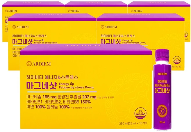 아르디엠 하이비타 에너지&스트레스 마그네샷 액상 글루콘산 마그네슘 10p, 6박스, 250ml - 쿠팡