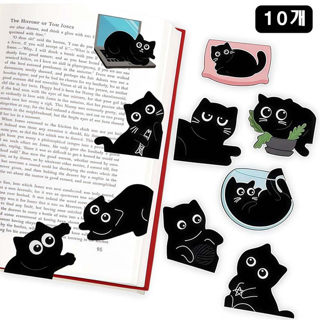 루베이 귀여운 고양이 자석 책갈피 10p 세트 미끄럼 방지 북클립 독서 재미 아동/교사/사서, 10개, 블랙