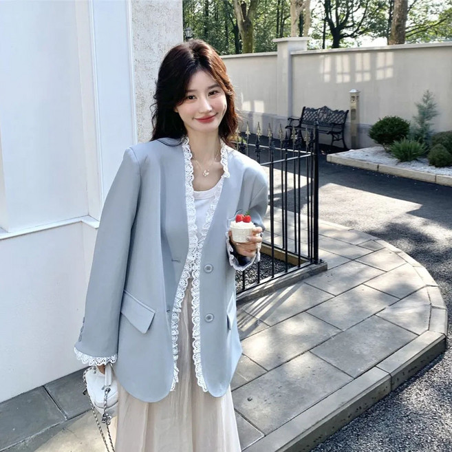 꽃소담 여자 봄가을 스카이블루 레이스 노카라 캐주얼 정장자켓 XP852
