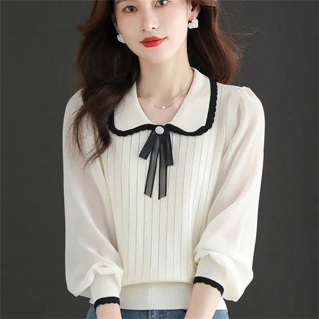 TKX 여성용 봄 가을 패션 카라 장식 니트 블라우스 여성스러운 리본 진주 포인트 우아한 니트 상의 KZ35