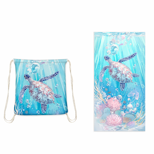 비치타월 대형 드라이백 2in1 수영 여행 비치 타월, 오션터틀 블루, 1개