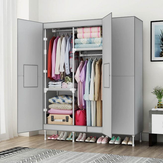 패브릭 비키니 옷장 강철 프레임 이중 문형 걸이판 간이 수납함 시스템 행거, 회백색 문 열림 3서랍 112cm