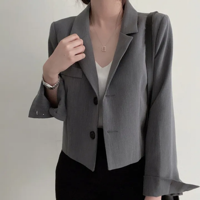 쪼예 봄 가을 베이직 투버튼 세미 정장 크롭 블레이저 자켓
