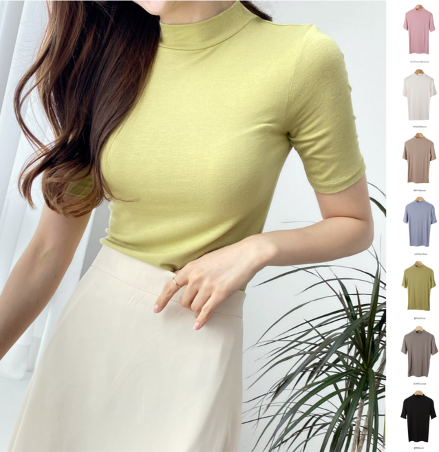 1+1 여성 반목 반팔 폴라티 반폴라티 텐셀 모달 보들보들 5부 레이어드 티셔츠