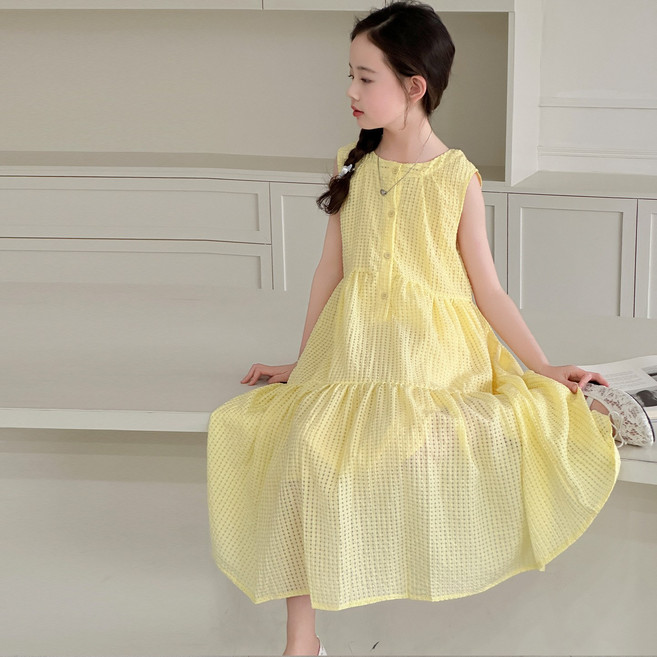 빠빠야네 키즈 주니어 여아 옐로우펀칭 민소매 롱원피스 여름