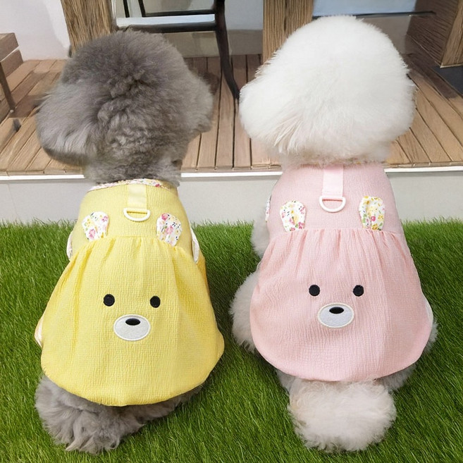 곰이왔네요 원피스 하네스 드레스 강아지옷 봄 여름 화동 꽃개 프로필 나들이 촬영, 1개, 핑크