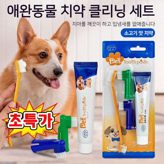 1/1+1 강아지 치약 치솔 세트 반려동물 소고기 맛 치약 입냄새 치석 제거 구강 잇몸 관리, 1세트