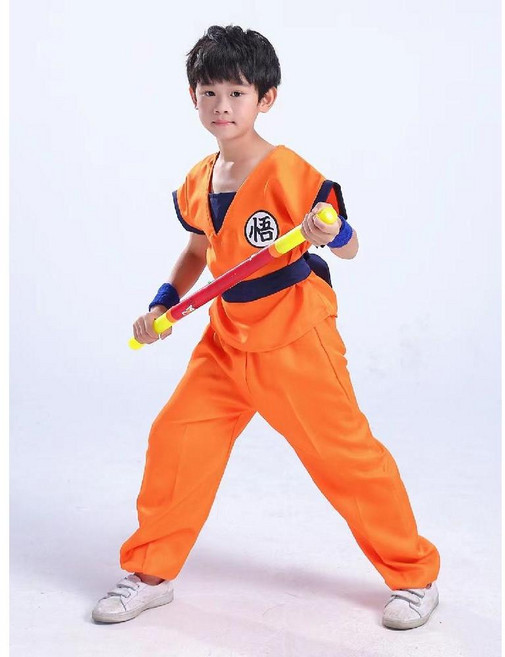 남아 할로윈 키즈 드래곤 볼 아들 손오공 의상 역할놀이, 100cm, 세트 + 팔 보호구 + 꼬리 + 골드 후프 스틱, 1개