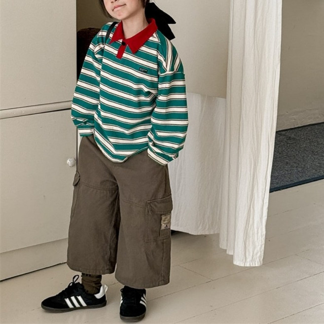 구빠방 아동 베이직핏 스트라이프 배색 카라넥 긴소매 티셔츠