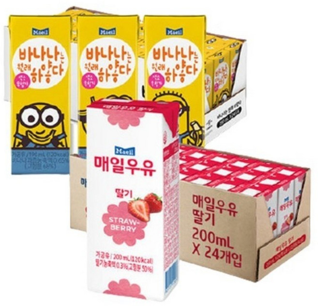 매일유업 바나나는 원래 하얗다190ml 24팩+딸기우유200ml 24팩, 8세트, 200ml