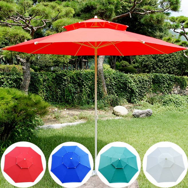 엉클트리 100% 통원목 야외 테이블 세트 (강력 볼트체결 구조), (270cm)특대형파라솔 빨강