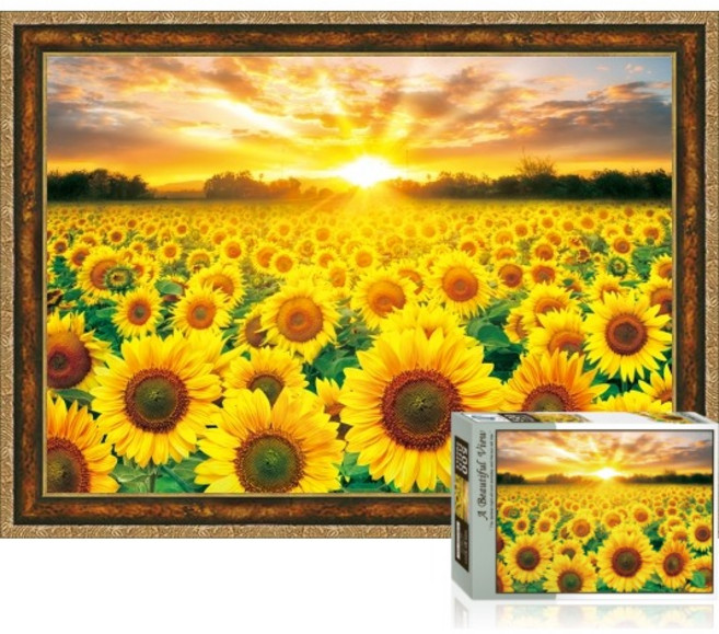 퍼즐피플 토이앤퍼즐 풍경 일러스트 직소퍼즐, 노을진 해바라기 500피스 액자포함(엔틱골드), 1개