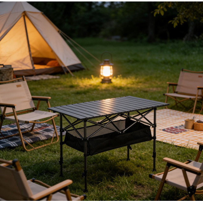 접이식 높이조절 캠핑 롤테이블 + 보관 가방, 블랙