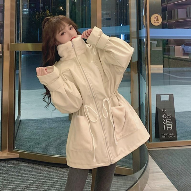 피모 일체 pu 가죽옷 외투 여자 겨울 기모 두께 중장 펌프 끈 허리 칼라 기관차복 재킷