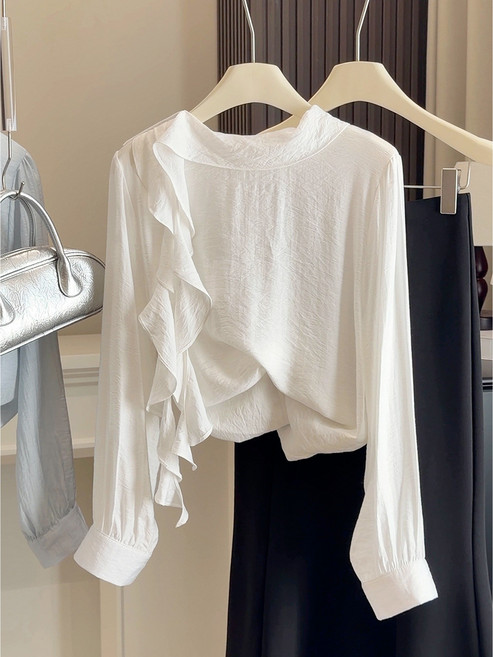 레이디 매직(lady magic) 봄 가을 여성스러운 프릴 셔링 포인트 쉬폰 블라우스