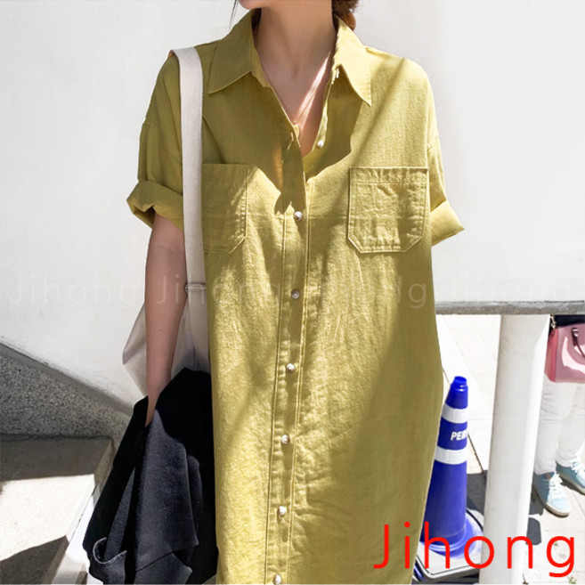 지홍 셔츠 롱원피스 여름 반팔 루즈핏 면마 시원한