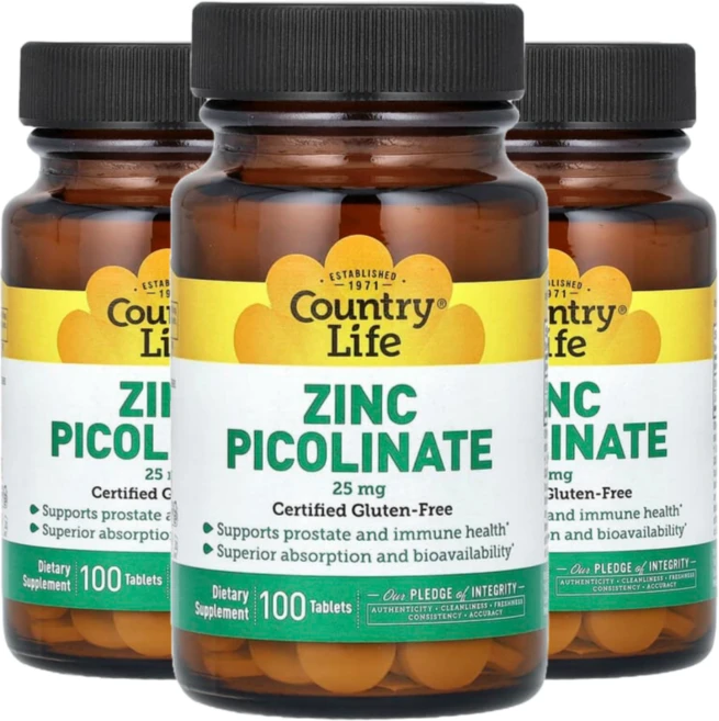 Country Life 컨트리 라이프 징크피콜리네이트 25mg 100정 3병 칼슘 아연 함유, 3개 - 쿠팡