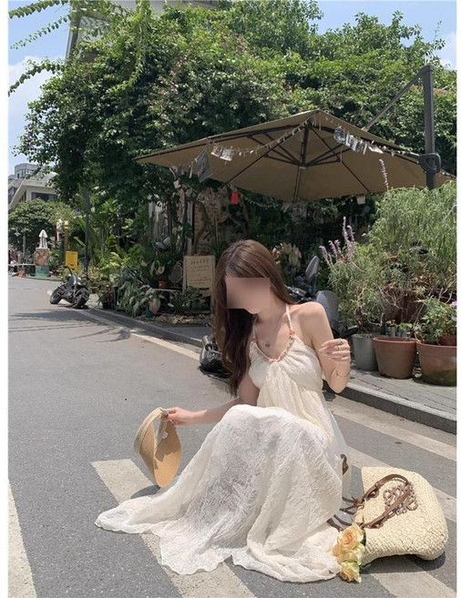 DFMEI 海邊度假沙灘裙女旅遊連衣裙白色三亞出片穿搭旅行裙子長裙多巴胺