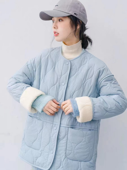 블루 패딩 코트 여 가을 겨울 작은 키 아가일 체크 노카라 루즈 패딩