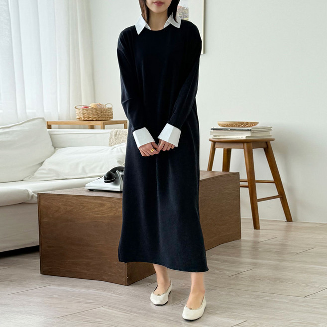 마더라이크 임산부 긴팔 셔츠 카라 롱원피스 오피스룩 하객패션