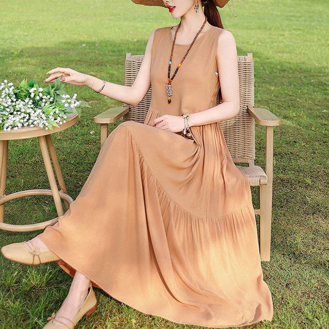 ORZQU 루즈핏 나시 롱원피스 40대 50대 여성 면 심플 민소매 A라인 롱원피스 엄마옷 빅사이즈