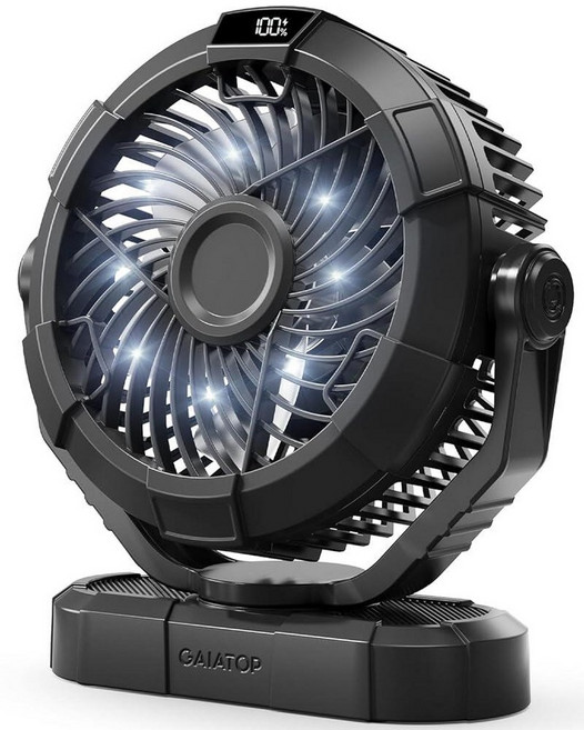 Gaiatop LED 랜턴이 있는 휴대용 캠핑 팬 전원 디스플레이 360° 헤드 회전 텐트용 걸이용 후크 3가지 속도 저소음 충전식 4000mAh 배터리 작동 USB, 블랙