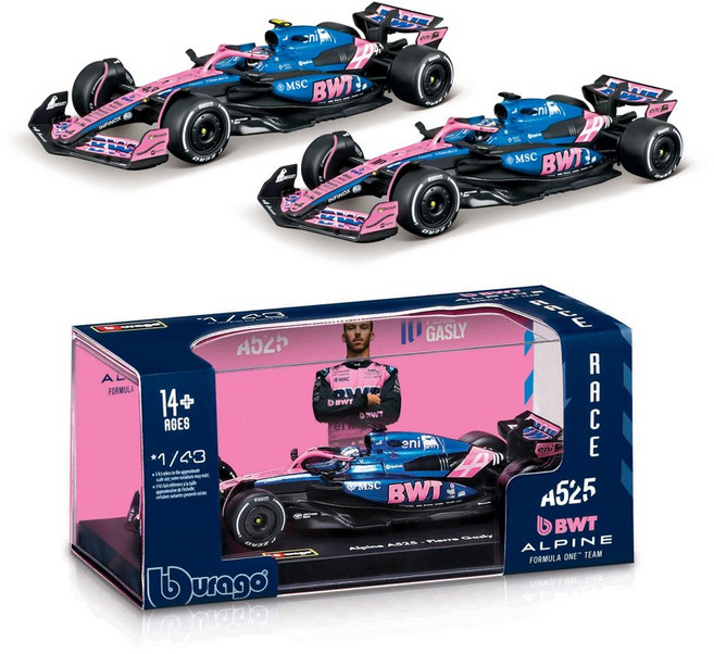 브라고 1:43 F1 2025시즌 챔피언 다이캐스트 모형 아크릴케이스, 1개, 알핀 A525 43번