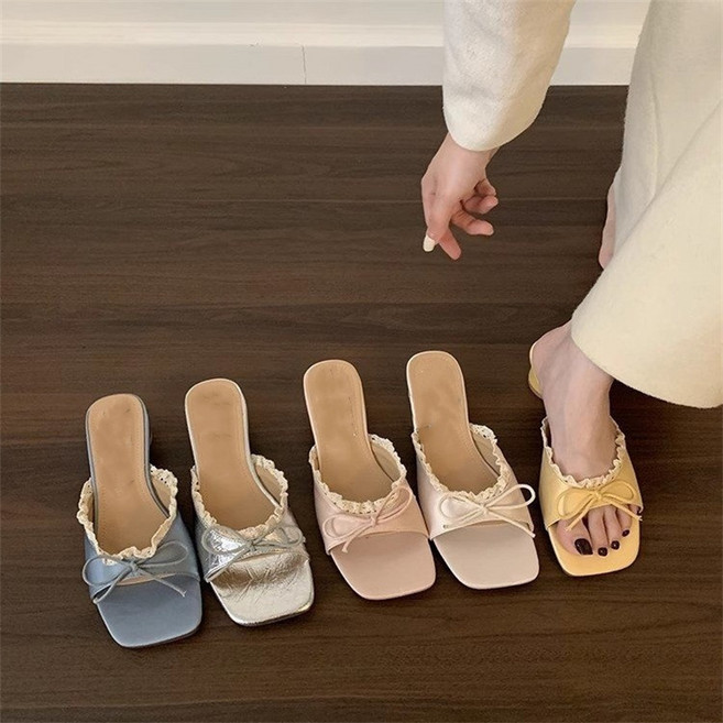 AOKADA 여성 여름 스퀘어 오픈토 리본 장식 미드 힐 슬리퍼