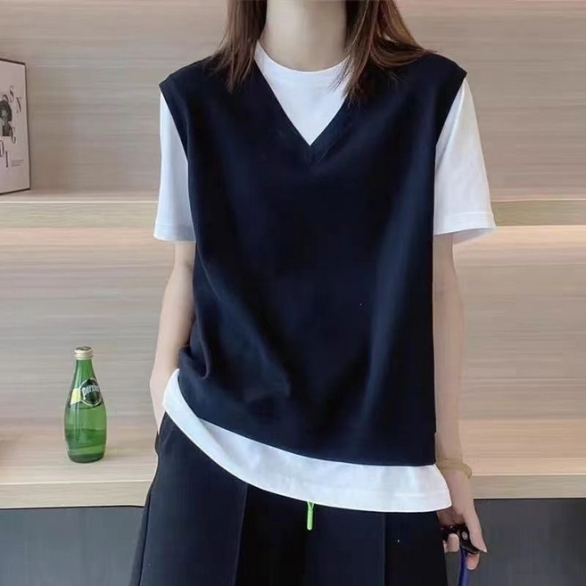 순면 투인원 배색 디자인 반팔 레이어드 오버핏 베이직 심플 부드러운 여성 여름티
