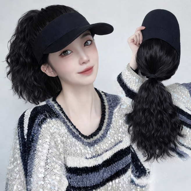 상덕 가발 헤어 자연스러운 여신 일체형 긴머리펌 모자 가발, 1개, 블랙